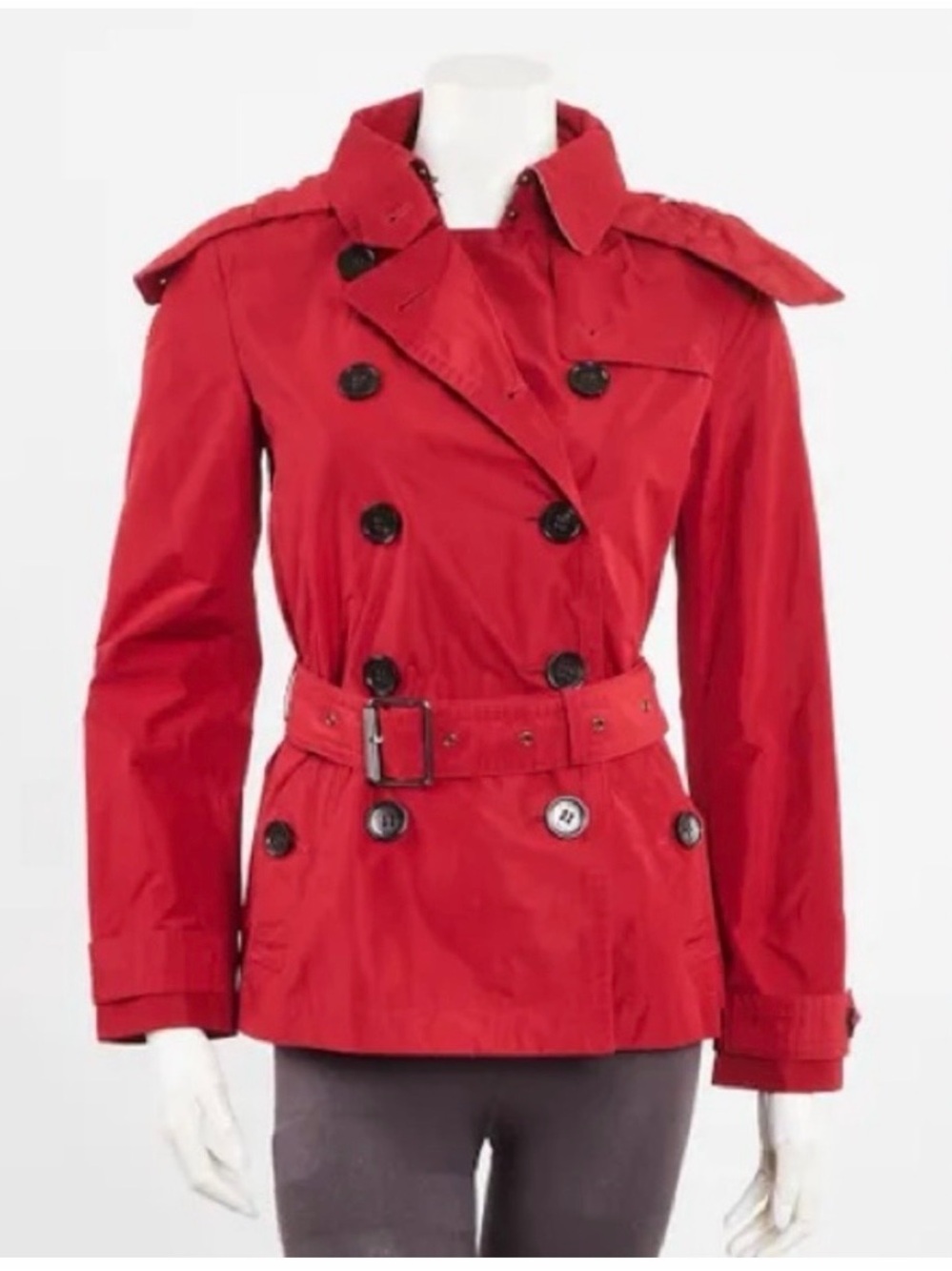 Burberry Balmoral Red Short Trench Coat Hooded Belted Jacket US 14 EUC